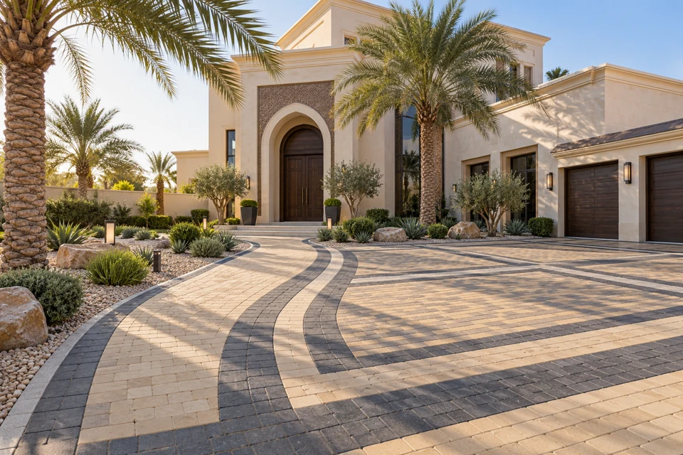 Illustrative UAE villa entrance and interlock driveway