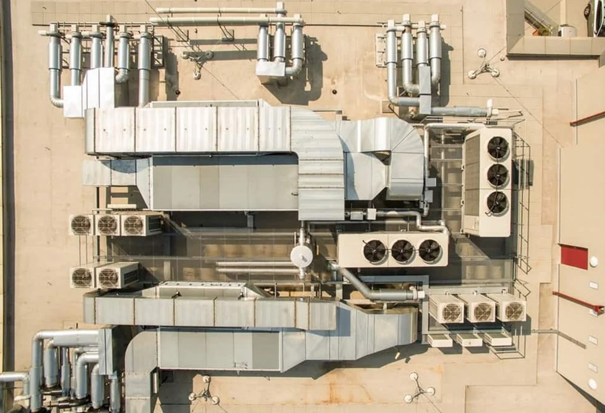 HVAC installation with ductwork and rooftop equipment