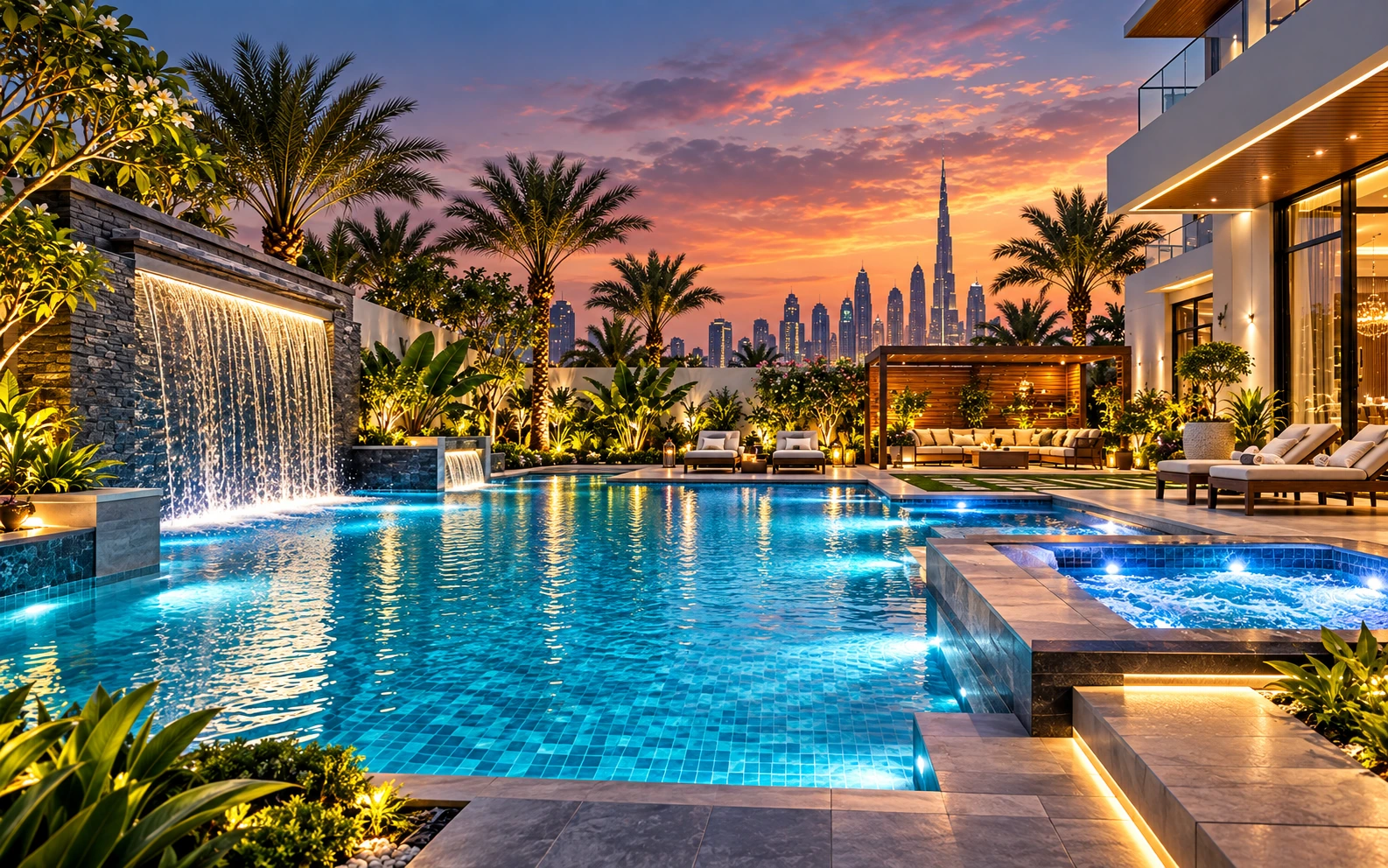 Luxury Dubai villa swimming pool with waterfall, jacuzzi and landscaped outdoor space at sunset