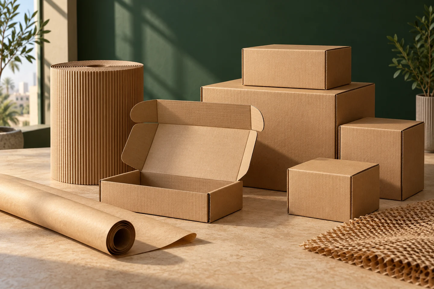Illustrative arrangement of kraft packaging boxes and rolls