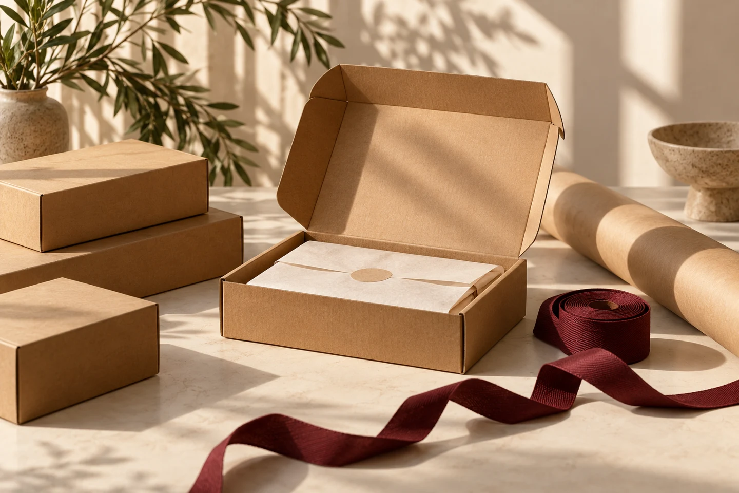 Illustrative arrangement of kraft packaging boxes and rolls