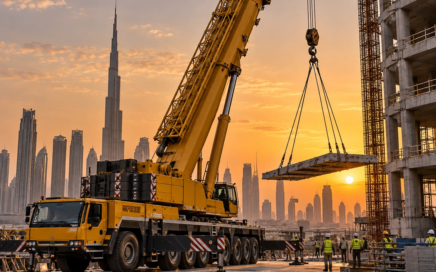 Mobile crane lifting work in a Dubai construction environment