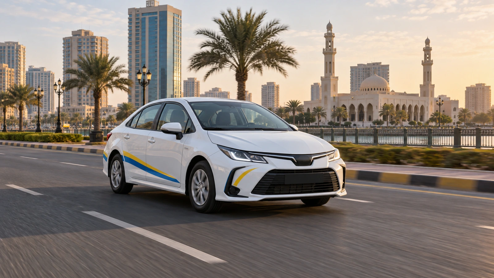 Illustration of a learner car on a Sharjah road