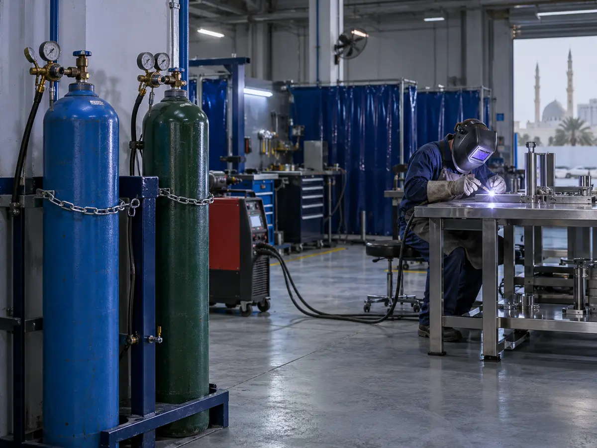 Gas cylinders supporting a controlled welding area
