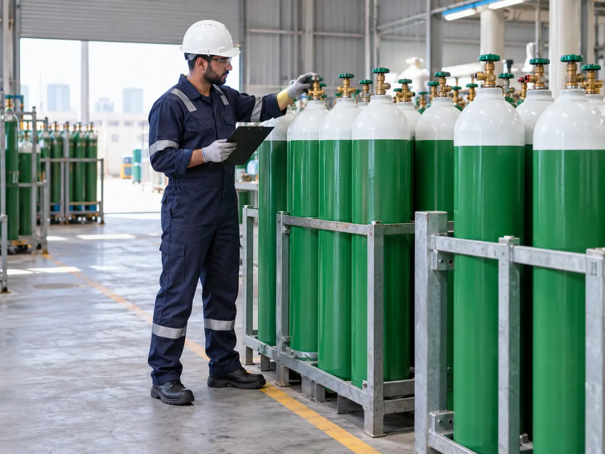 Oxygen cylinders inspected at an industrial facility