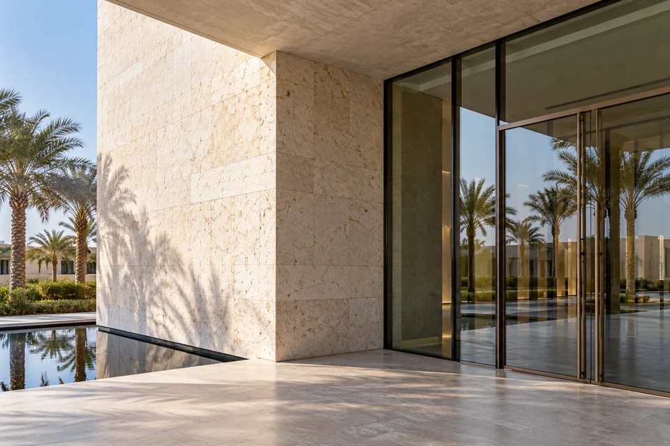 Stone, glass and structural details in a contemporary building
