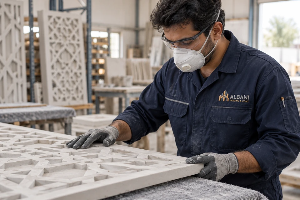 Illustrative grc employee wearing embroidered Albani workwear
