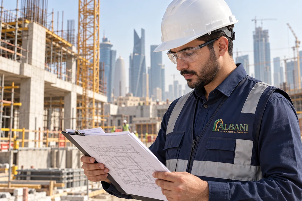 Illustrative construction employee wearing embroidered Albani workwear