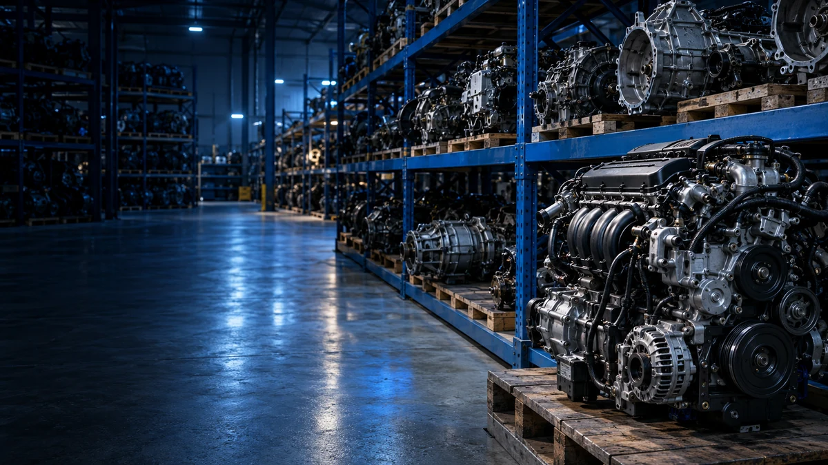 Auto parts warehouse with engines and gearboxes