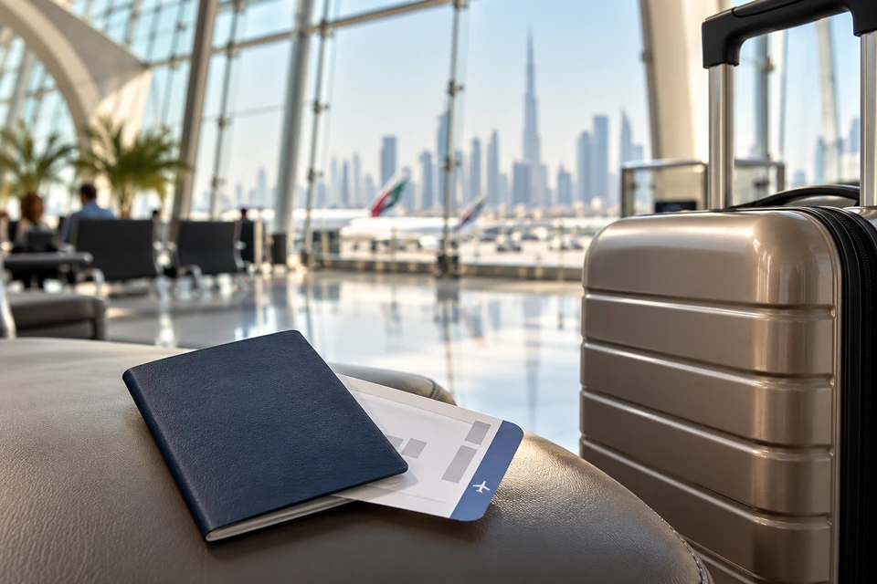Travel documents and luggage at an airport