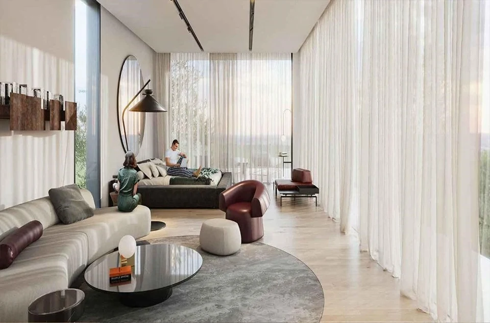 Living space with full-height curtains