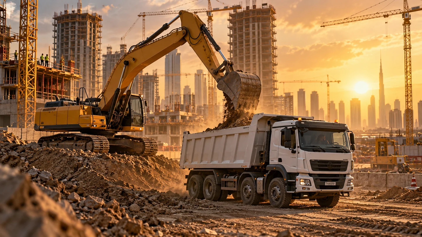 General construction site with excavator and dump truck