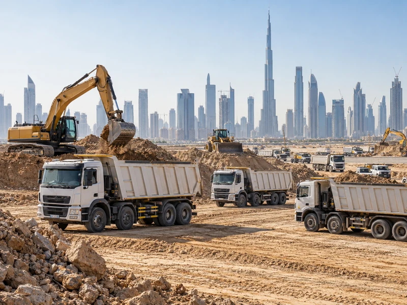 Heavy trucks and construction fleet on a UAE worksite