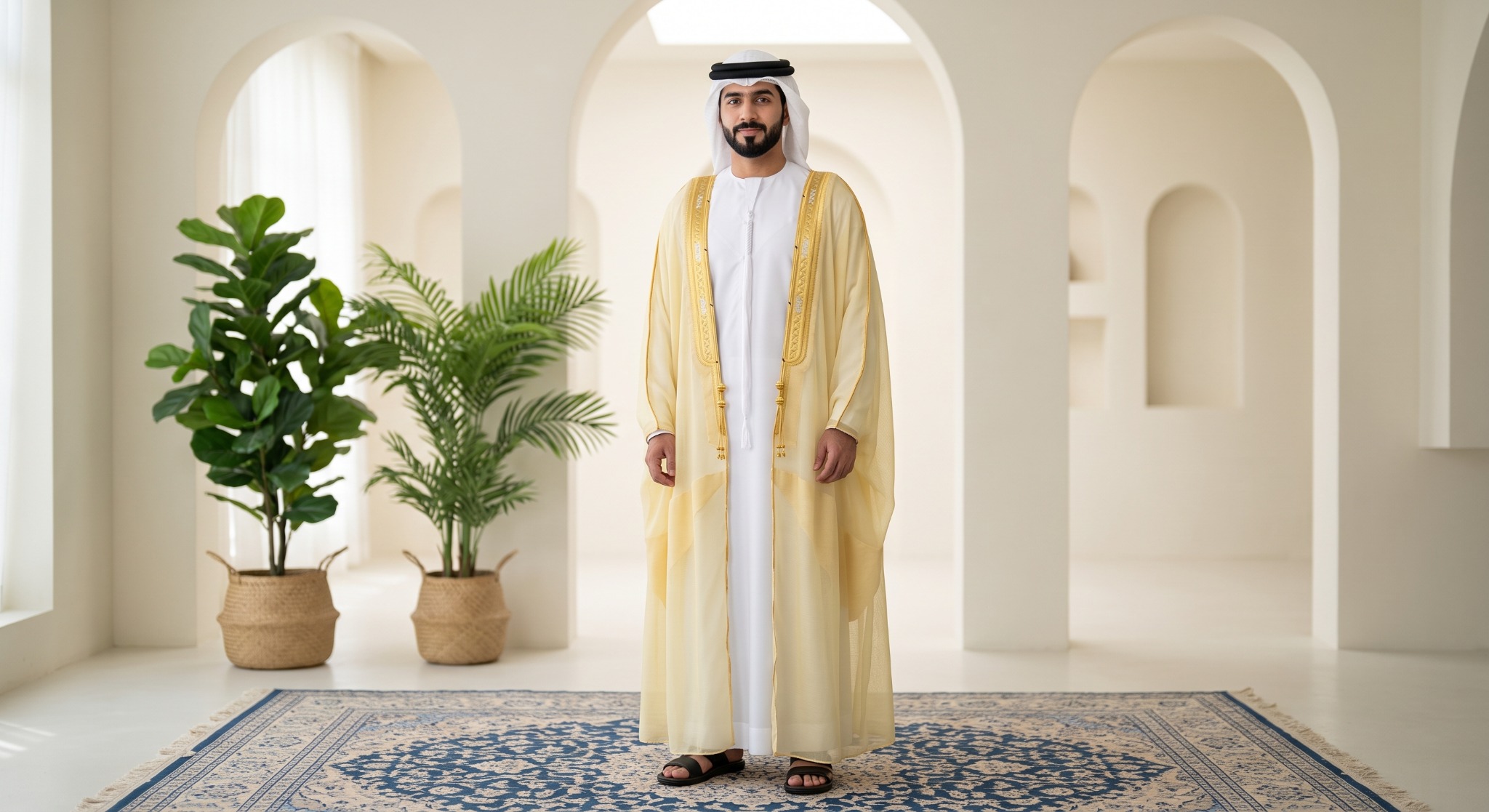 Client-supplied original: full-length white kandora with an ivory and gold bisht in a light arched interior