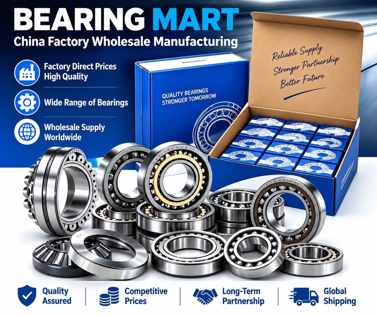 The Bearing Mart range of ball and roller bearings with factory packaging