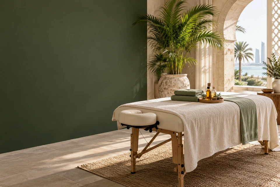 Botanical home massage setting with sage towels