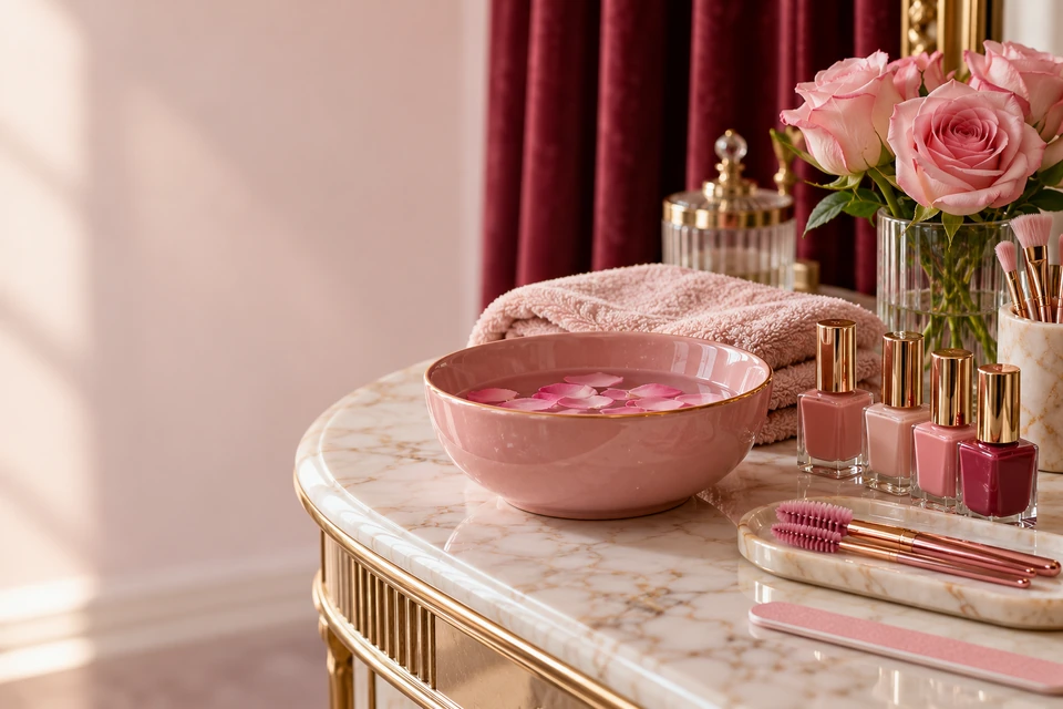 Manicure and lash accessories prepared for a home beauty visit