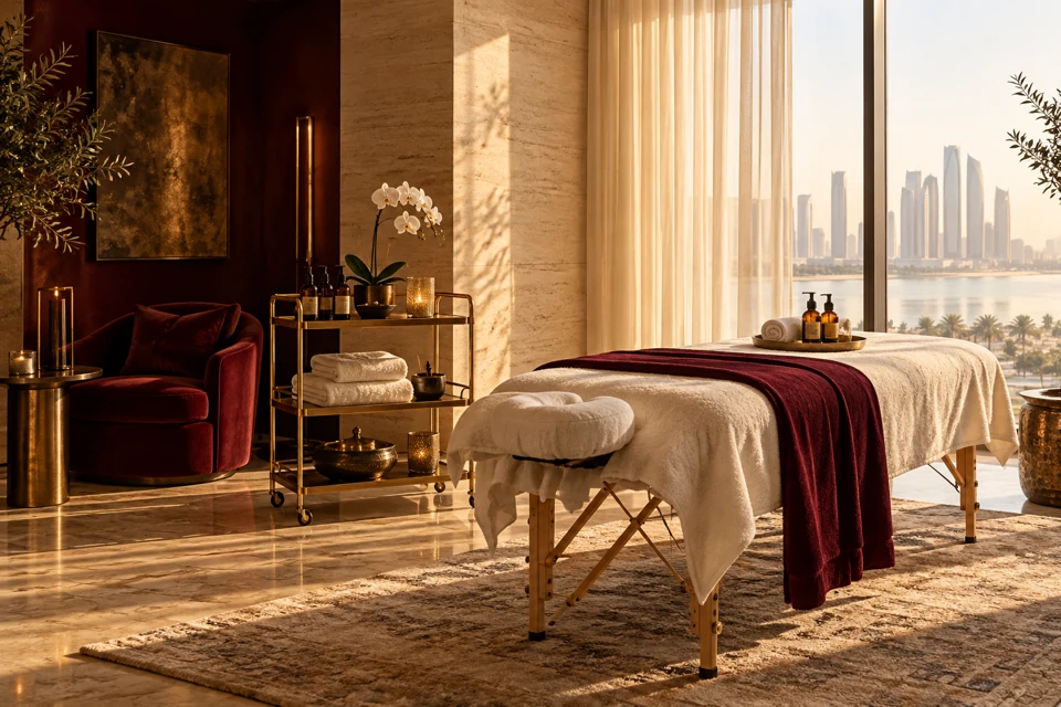 Burgundy and ivory at-home beauty setup in an Abu Dhabi apartment