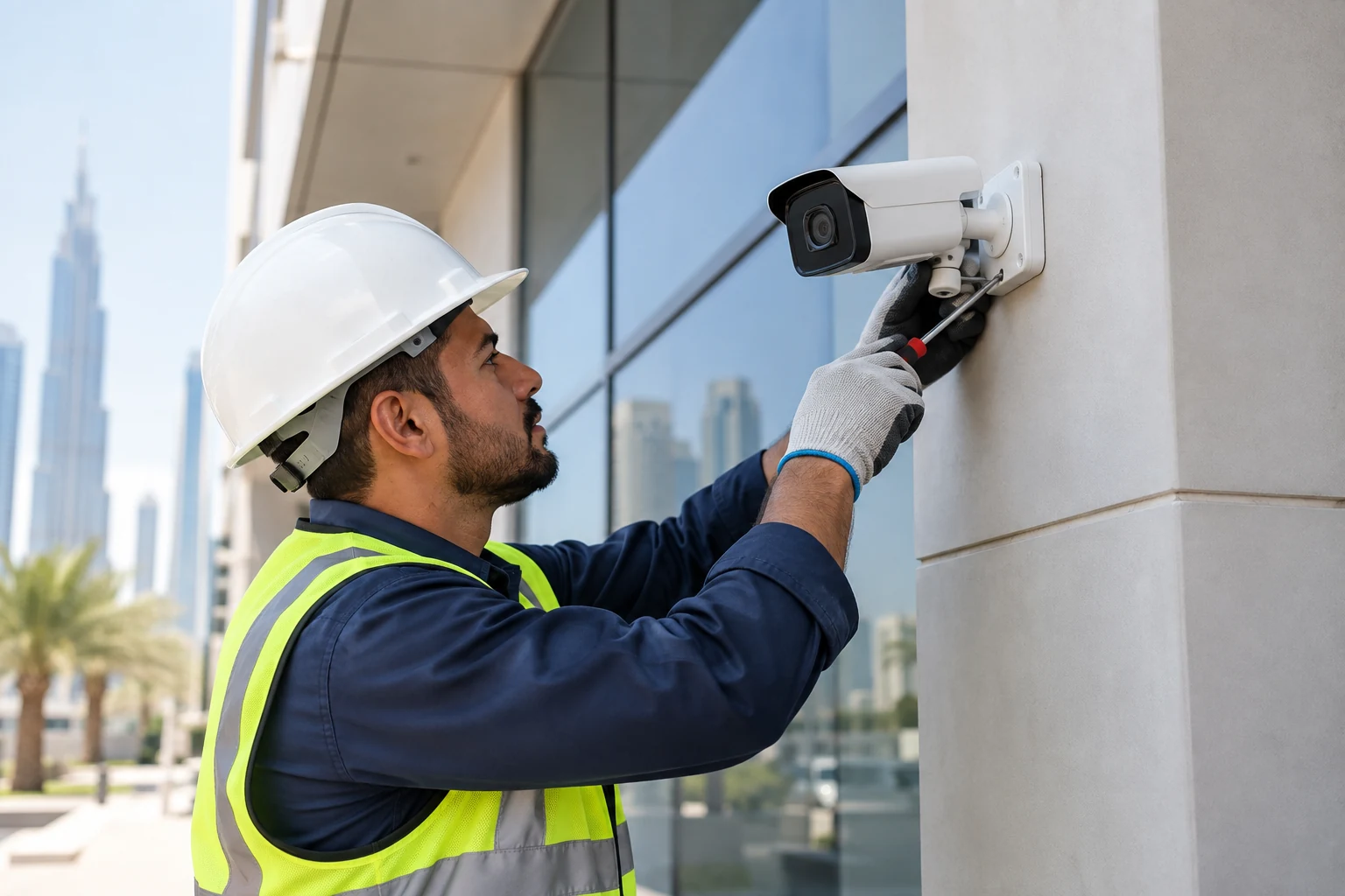CCTV installer at work on a commercial building in Dubai