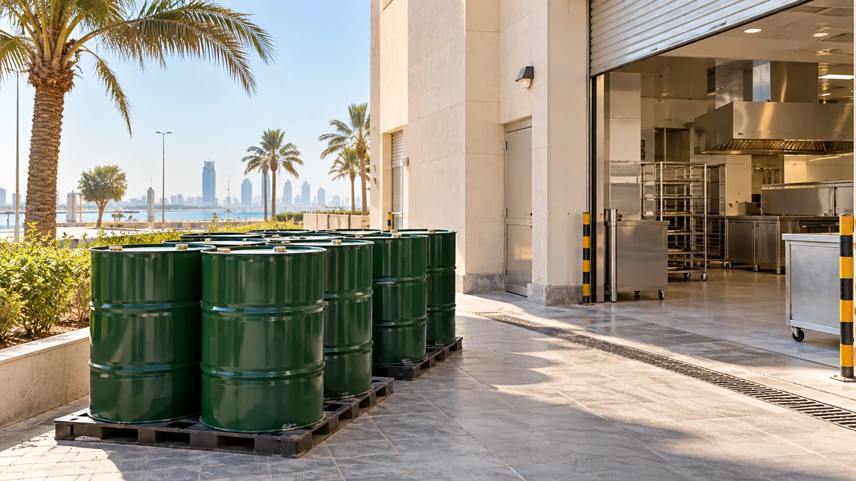 Representative used cooking oil drums at a commercial kitchen service area