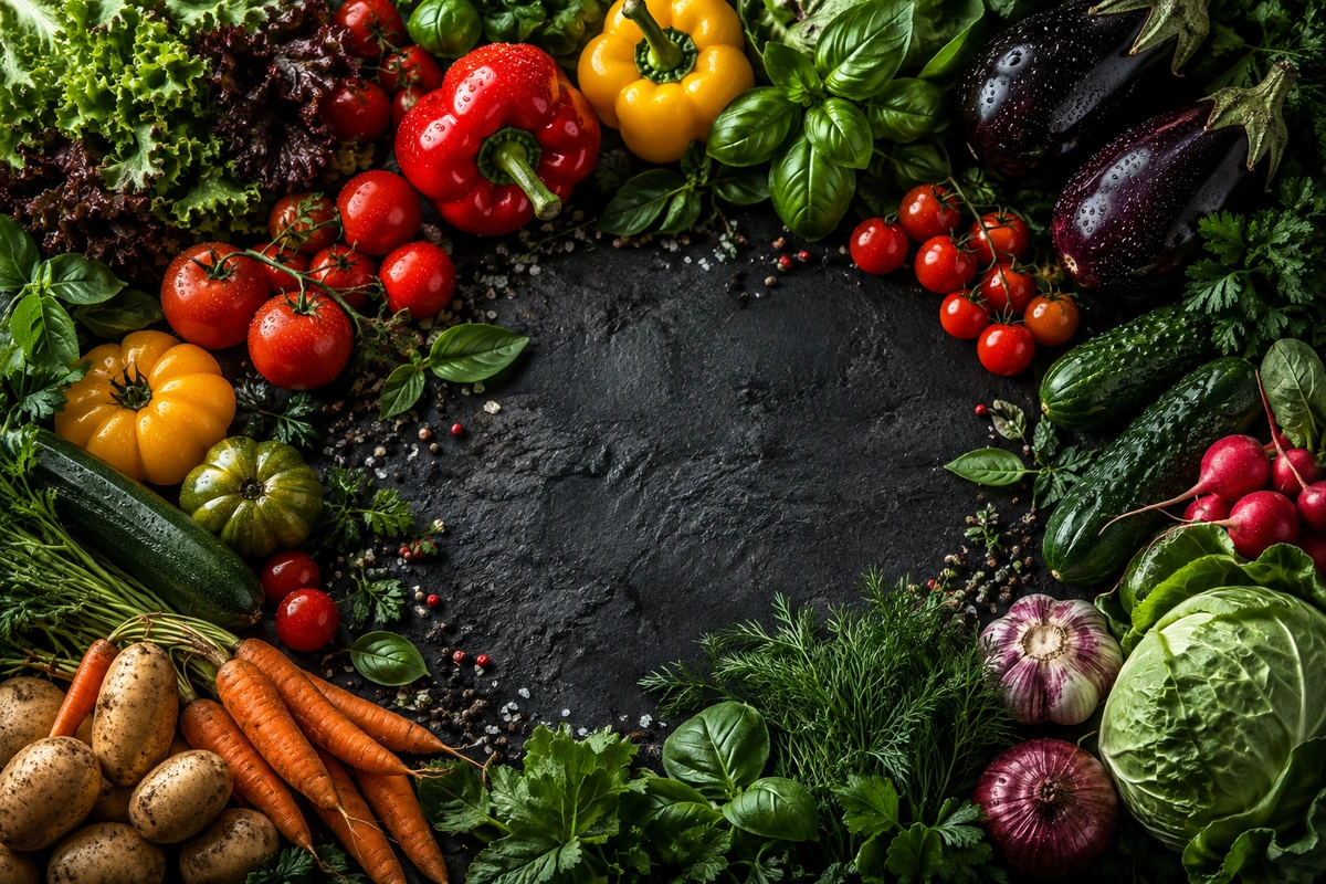 A rich arrangement of fresh vegetables on a dark surface