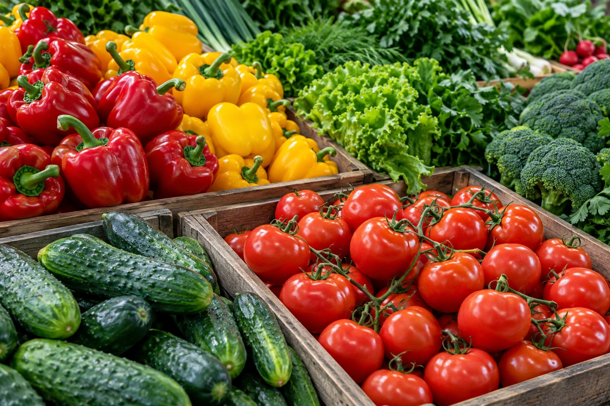 Fresh vegetables arranged in produce crates