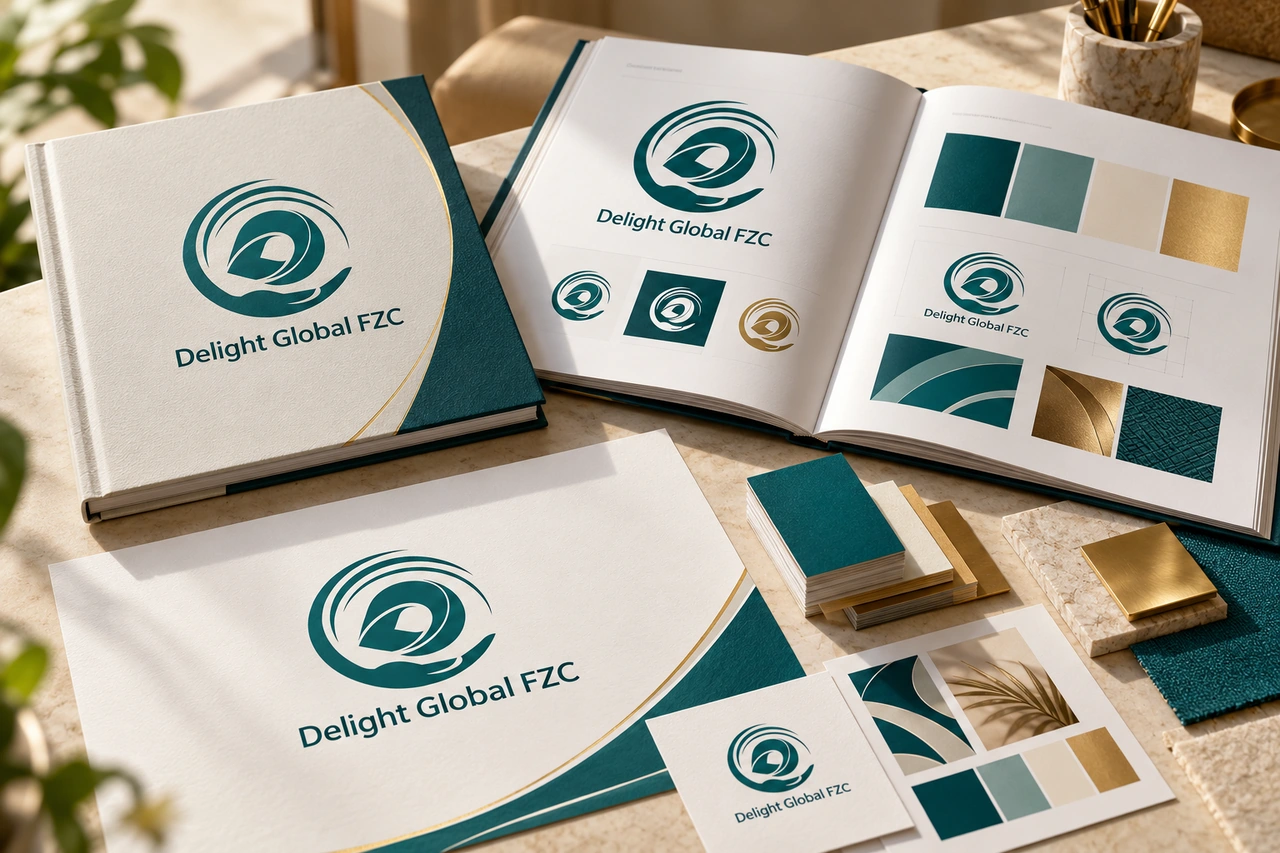 Illustrative physical identity manual and branding studio materials
