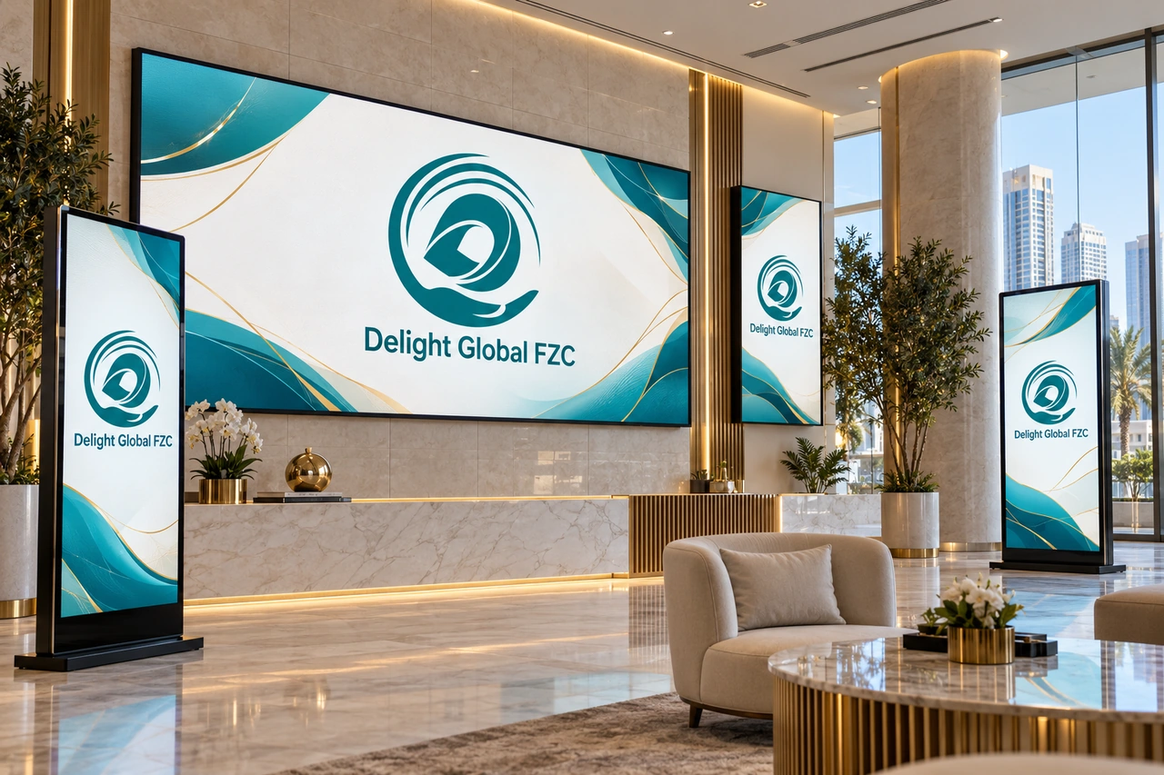Illustrative digital signage displays with physical brand graphics