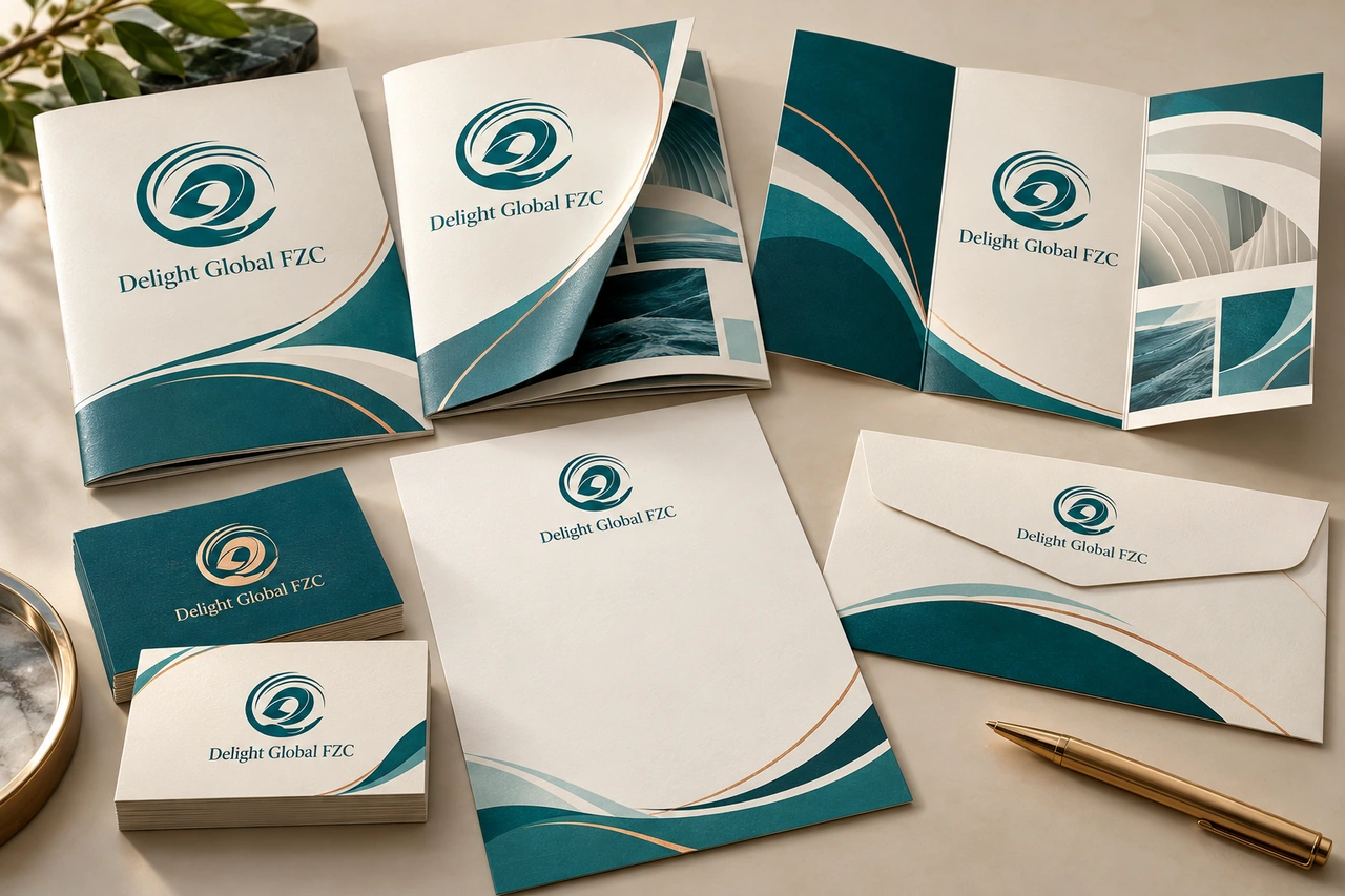 Illustrative finished branded brochures, stationery and cards