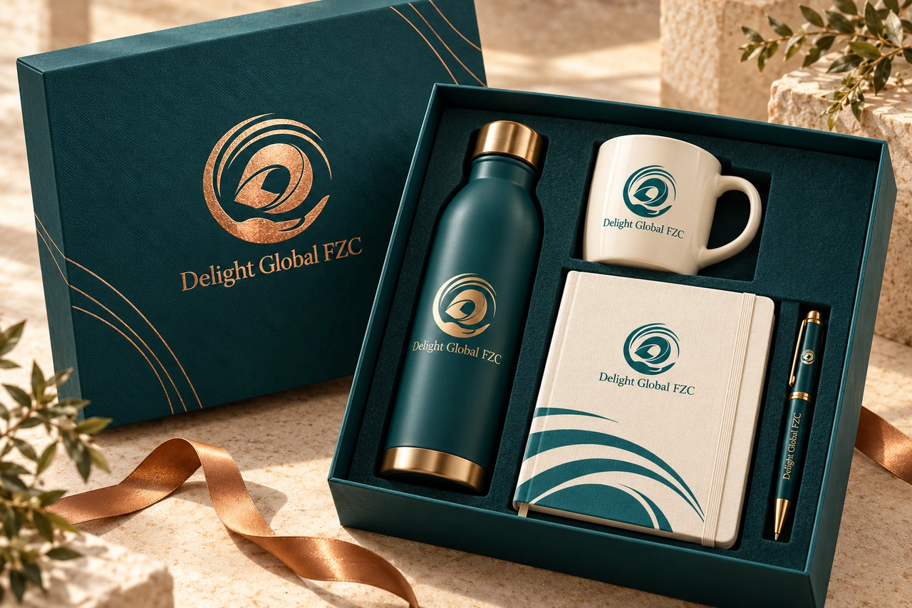 Branded corporate gift box, mug, notebook and bottle