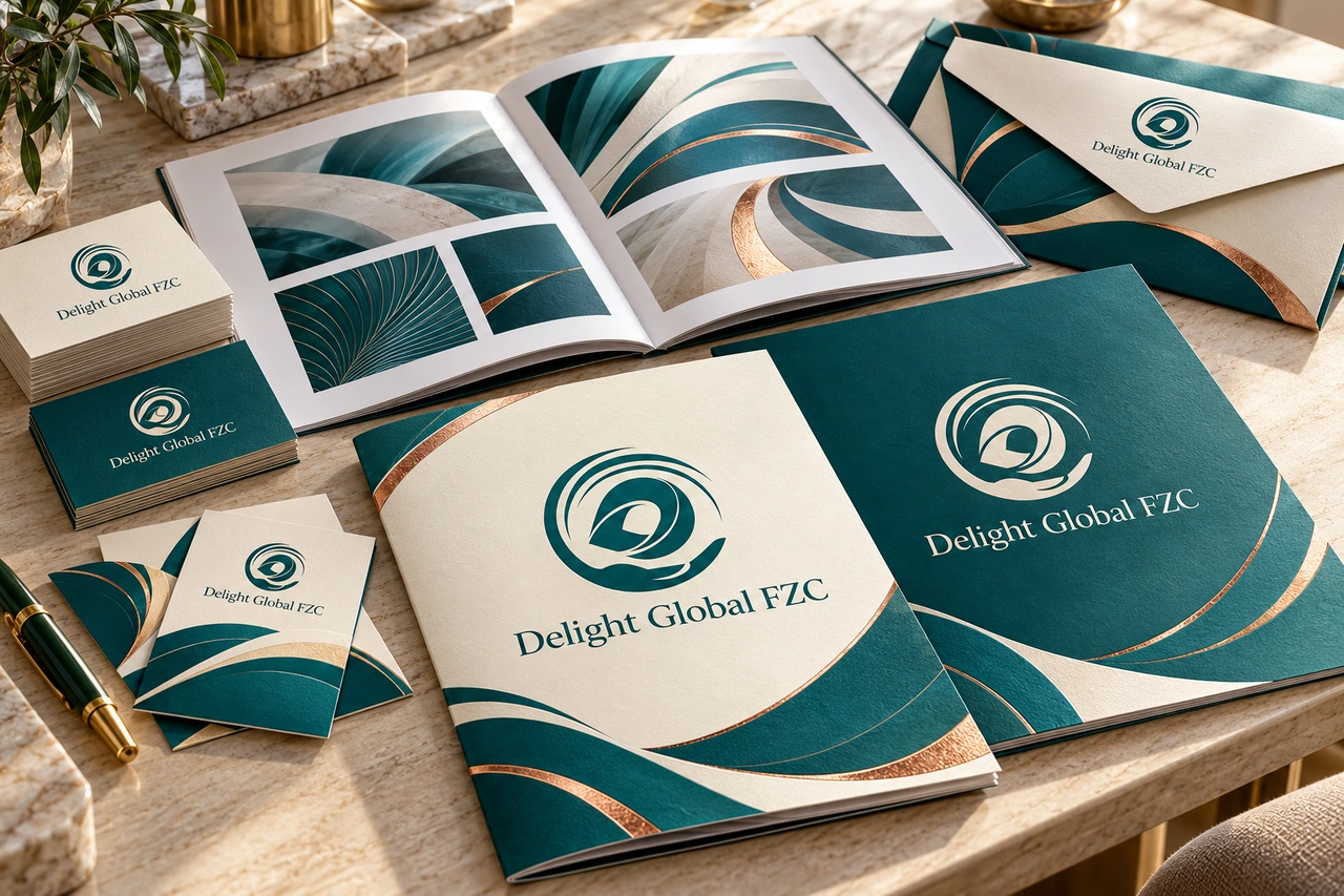 Illustrative finished branded brochures, stationery and cards