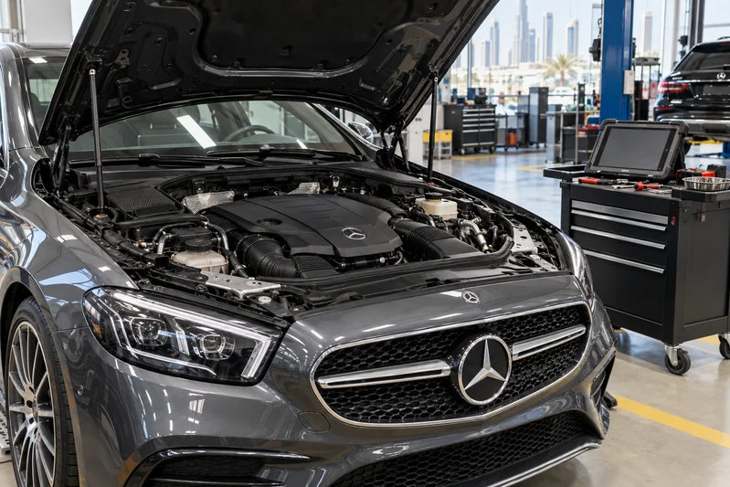 Mercedes engine bay with service tools and diagnostic equipment