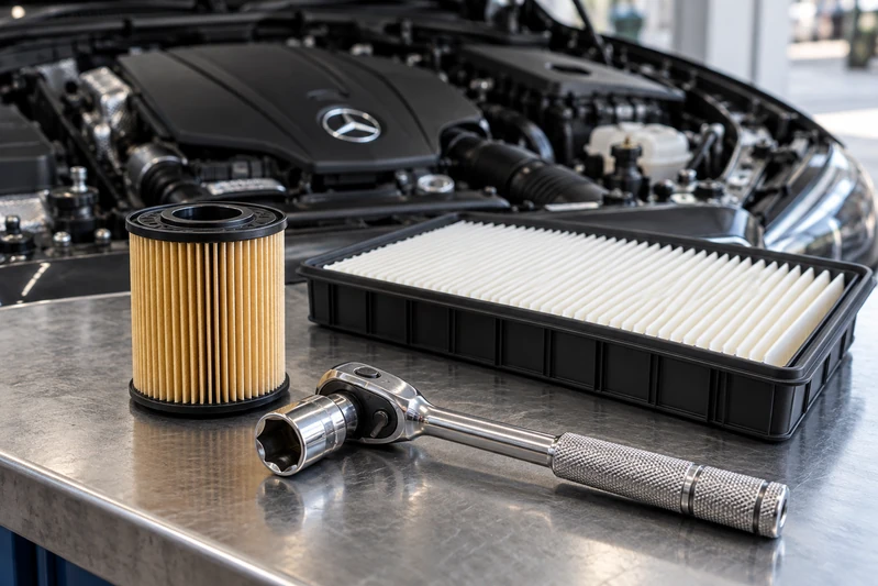 Automotive filters and service tools beside an engine bay