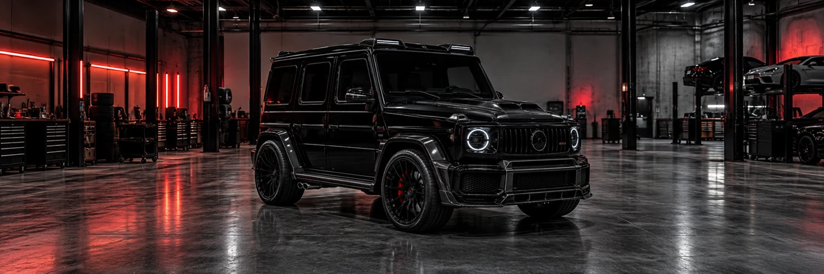 Black Mercedes AMG G-Class with body kit in an automotive workshop