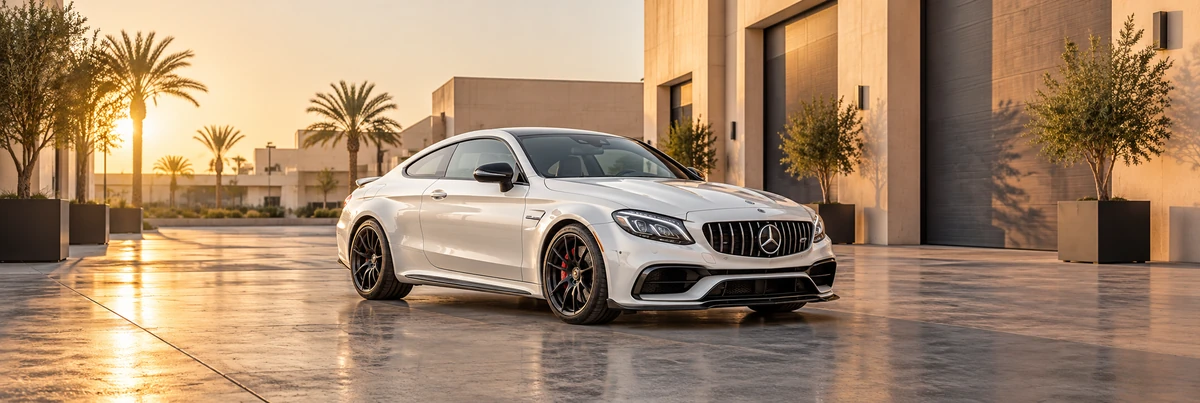 White Mercedes AMG coupe in a sunlit Dubai-style courtyard