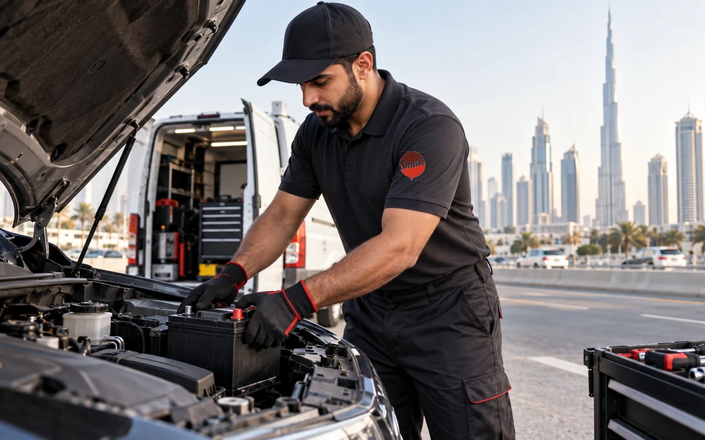 Technician providing car battery service in Dubai