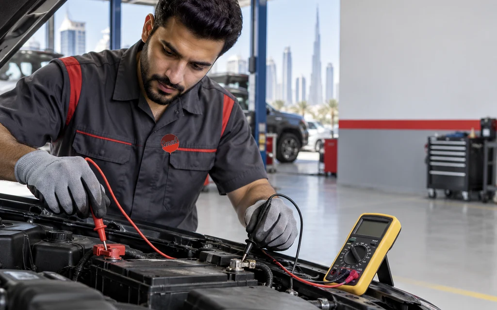 Technician providing car battery service in Dubai