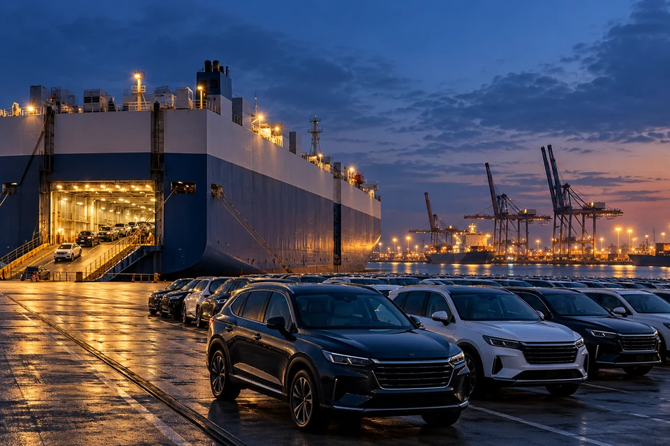 Complete scene of a vehicle carrier terminal at blue hour