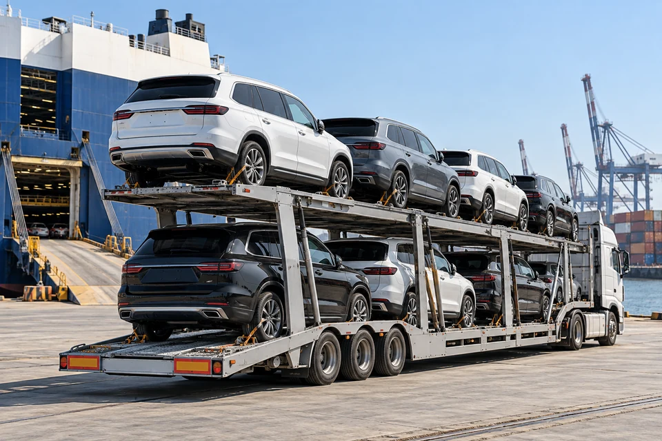 Cars loaded on a vehicle transporter