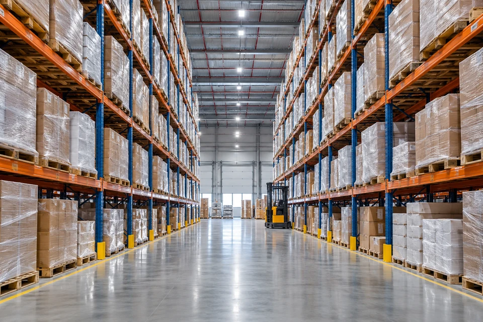 Pallet storage inside a modern logistics warehouse