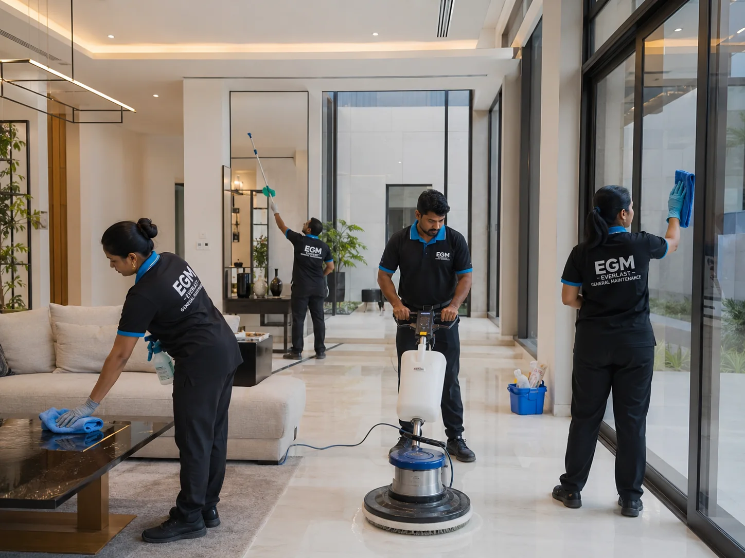 EGM cleaning team working inside a villa