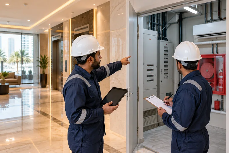 Technical team inspecting property systems in a modern building