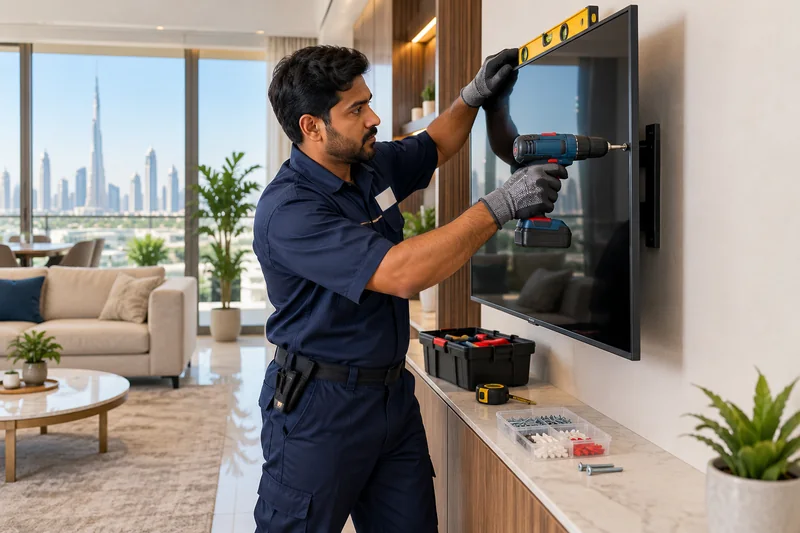 Technician mounting a television in a modern home