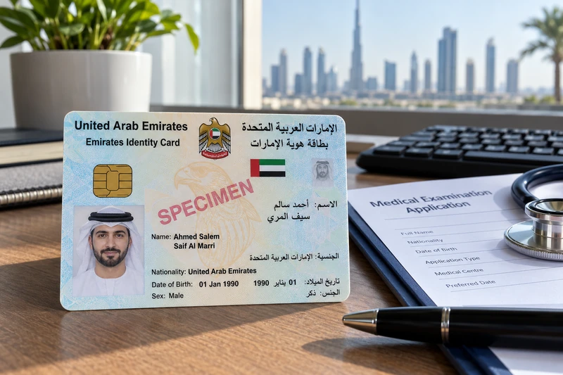 Illustrative Emirates ID and Medical Typing scene