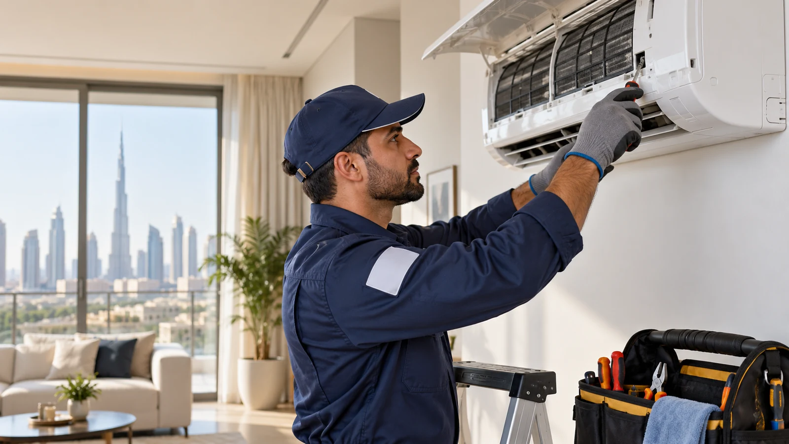 Air conditioning technician working in a Dubai apartment
