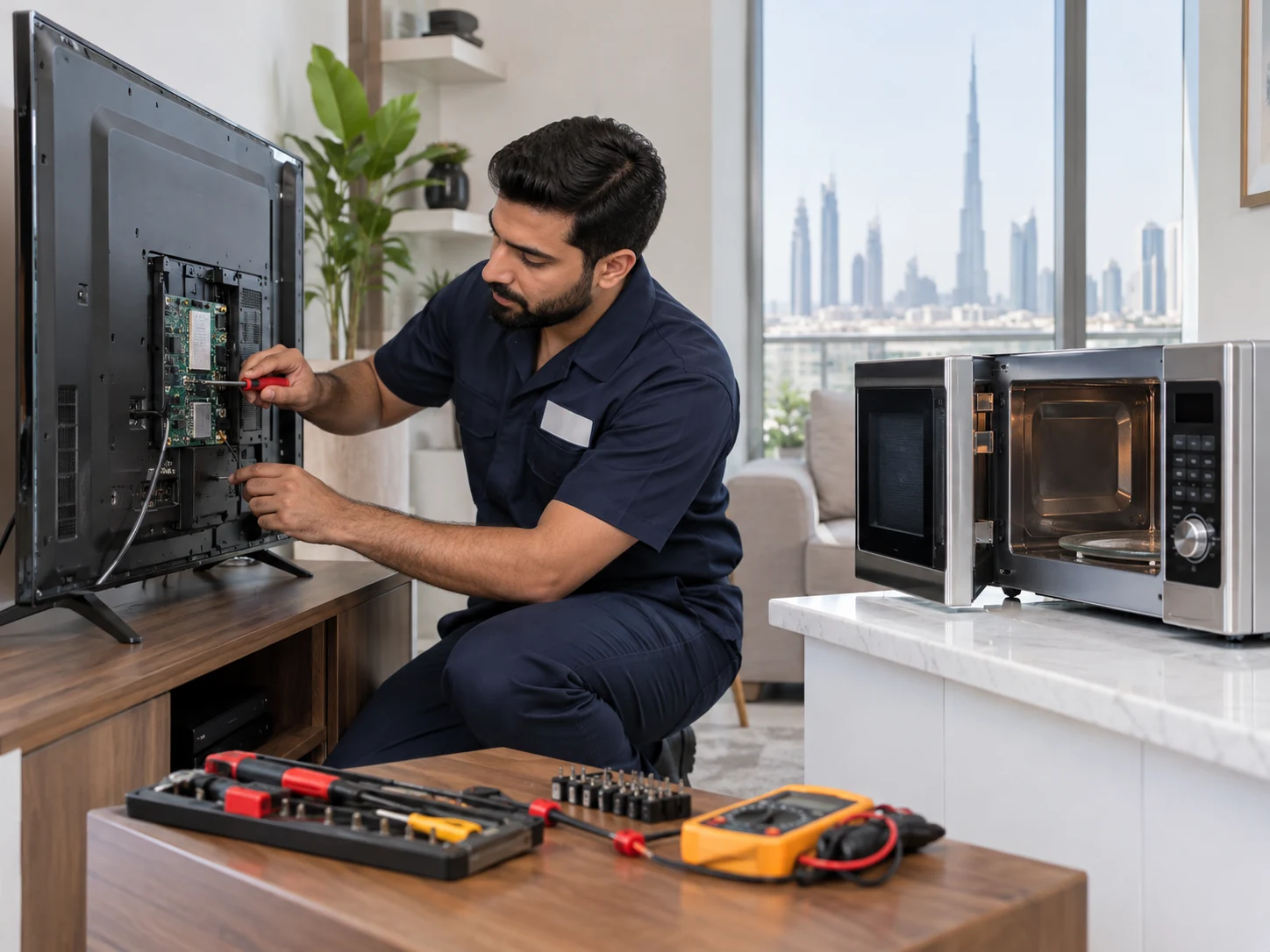 Air conditioning technician working in a Dubai apartment