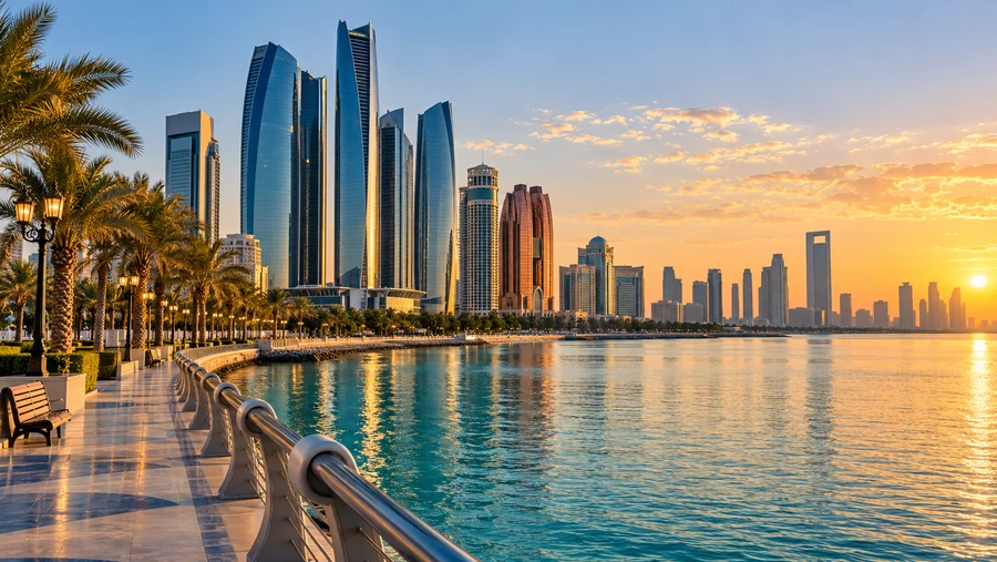 Illustrative Abu Dhabi waterfront at sunset