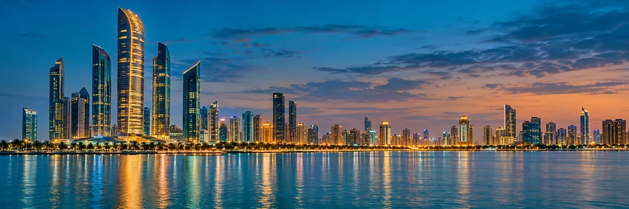 Illustrative panoramic Abu Dhabi skyline at blue hour
