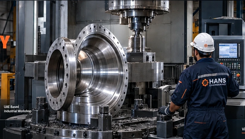 CNC VTL machining of a large industrial valve with operator