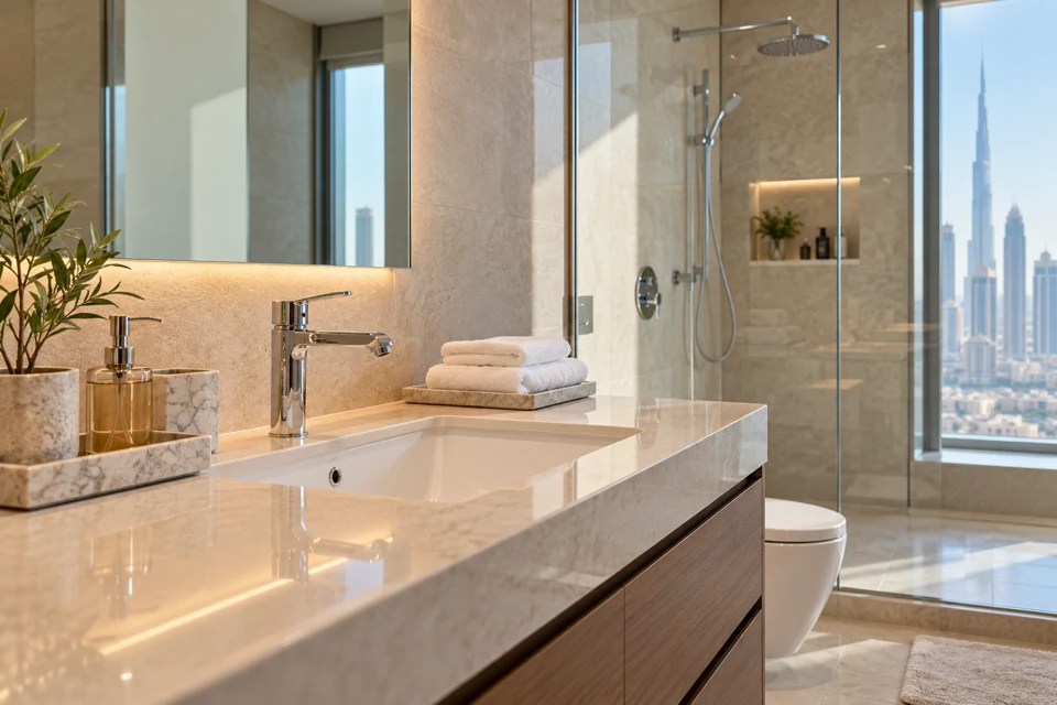 Clean chrome tap and stone basin in a contemporary bathroom